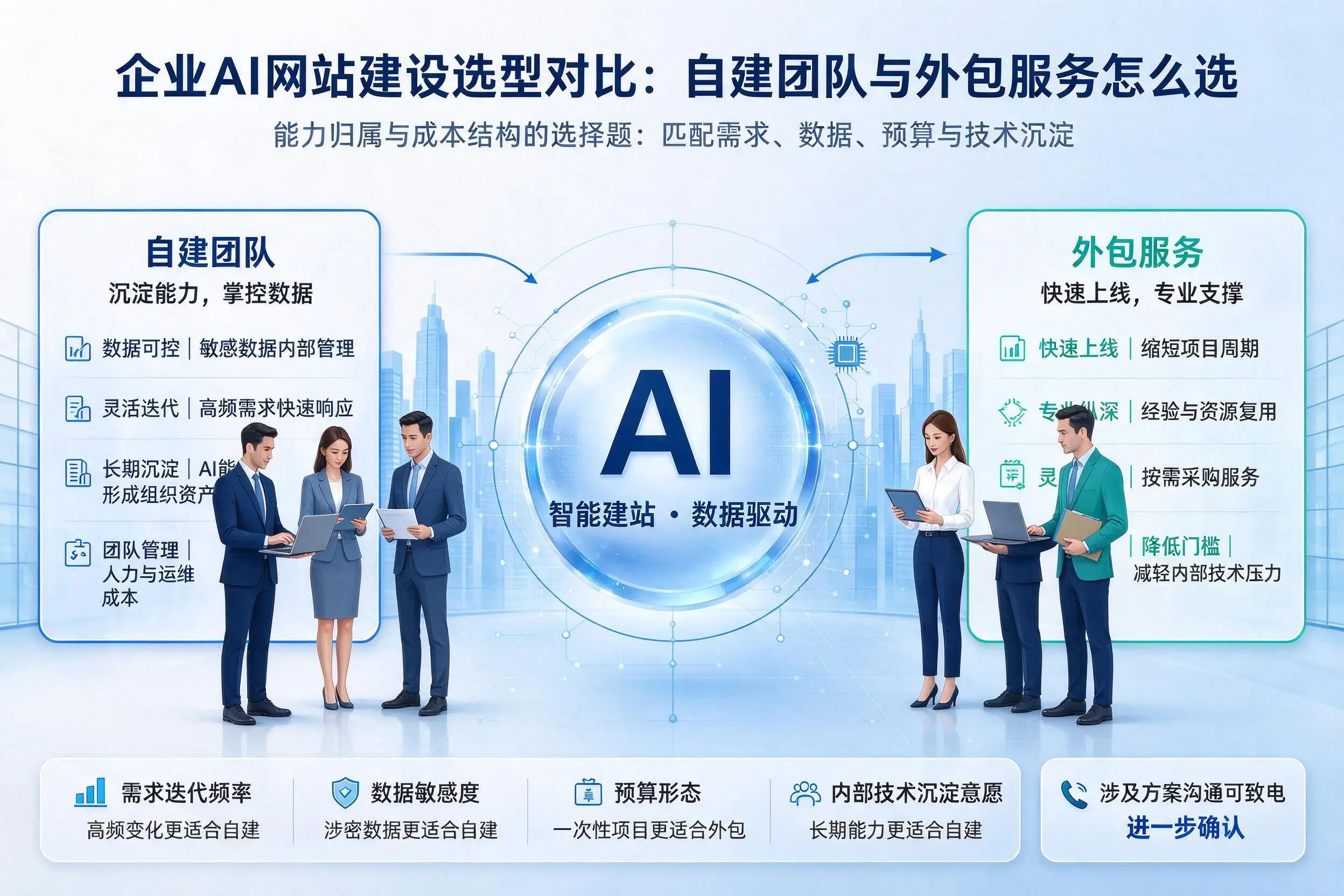 鹰潭企业AI网站建设选型对比:自建团队与外包服务怎么选